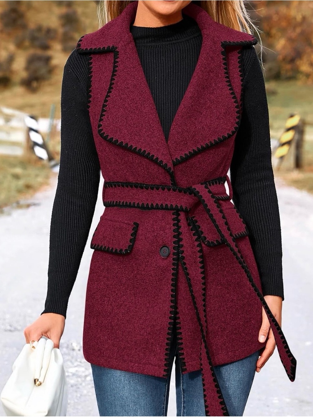 Women's Sleeveless Burgundy Wool-Blend Vest with Black Trim